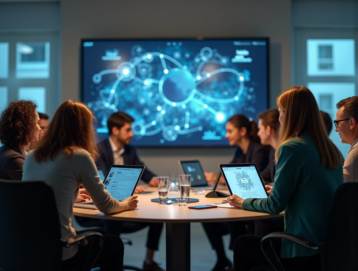 Een diverse groep professionals in een moderne, dynamische werkomgeving, actief bezig met persoonlijke ontwikkeling en het oefenen van soft skills.