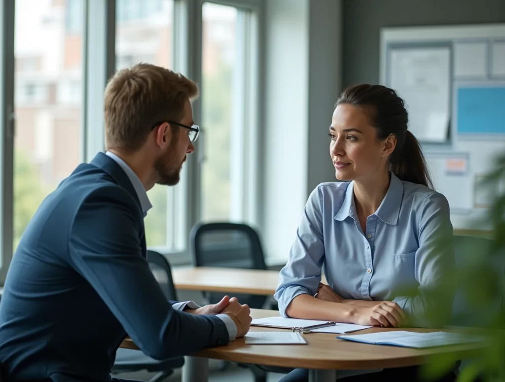 Een professionele setting waarin een medewerker worstelt met het geven van feedback aan een collega.