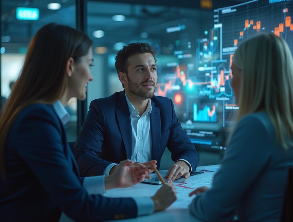 Een professionele trainingsomgeving waarin een salesprofessional in gesprek is met een AI-gestuurde klant