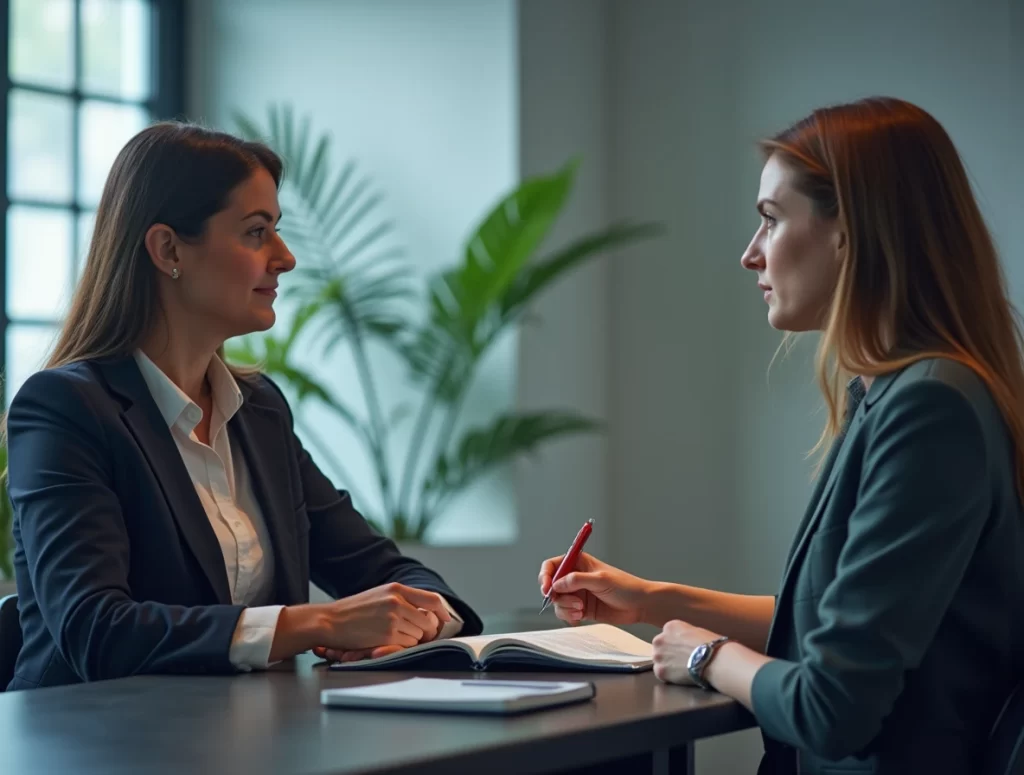 Een professionele trainingssituatie waarin een persoon feedback geeft volgens drie belangrijke principes: duidelijkheid, respect en oplossingsgerichtheid.