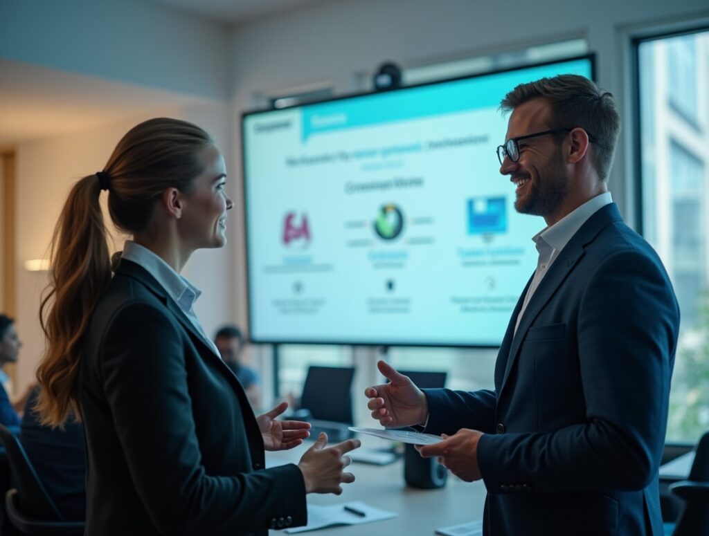 Een salescoach en een medewerker in een 1-op-1 trainingssituatie, gefocust op gedragsgerichte ontwikkeling.