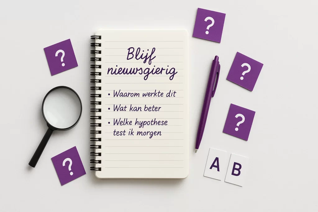 Flat lay met notitieboek, vergrootglas en A_B-kaartjes die nieuwsgierig leren in sales uitbeelden.